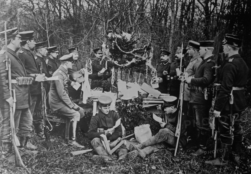 German soldiers gathered around a Christmas tree, outside during World War I ca. 1914-1915