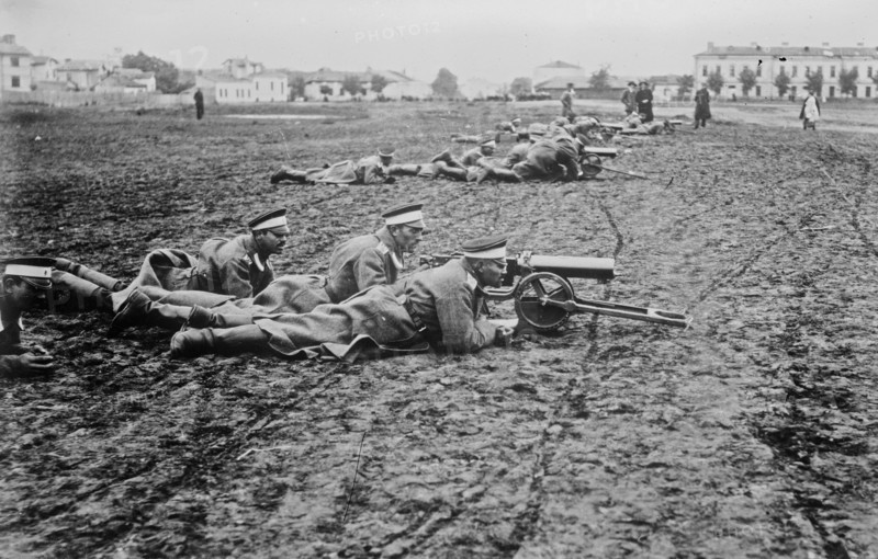 Soldiers with machine guns in Bulgaria, probably during World War I ca. 1914-1915