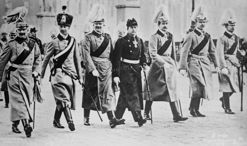 Sons of Kaiser Wilhelm II: Wilhelm, German Crown Prince; Prince Eitel Friedrich, Prince Adalbert, Prince August Wilhelm, Prince Oskar, and Prince Joachim ca. 1910-1915