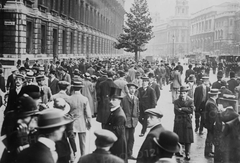 Crowd of people in Whitehall Street, near the corner Downing Street, London, England, during World War I ca. 1914