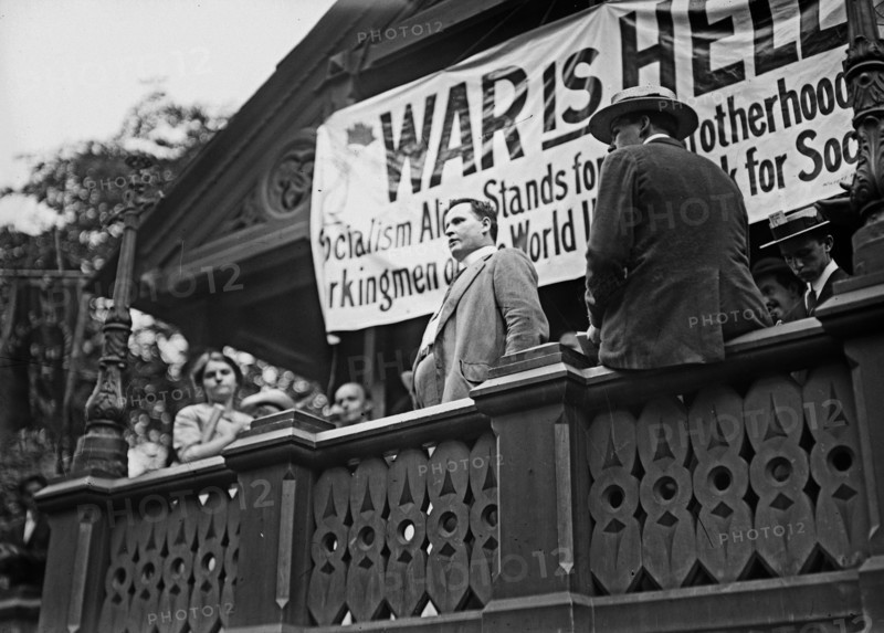 Cornelius Lehane at 'the cottage' in Union Square, New York City speaking during a Socialist anti-war rally against World War I ca. August 1914