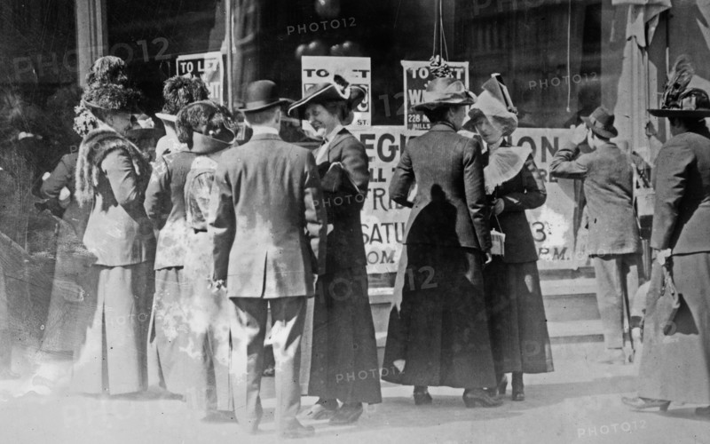 Women in San Francisco, CA, registering to vote. California adopted women's suffrage in Oct. 1911