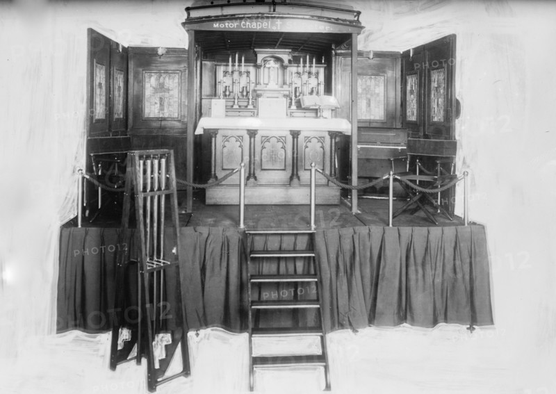 A vehicle called the Motor Chapel (a mobile chapel) used for worship services ca. 1910-1915