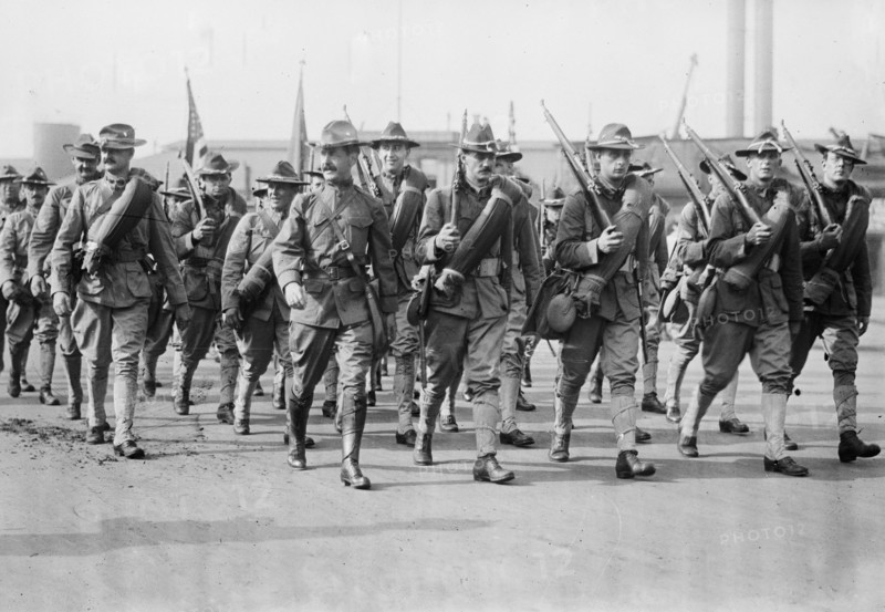 Soldiers of the 47th regiment marching to war games ca. 1910-1915