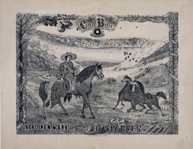 Cowboy print real penwork, by J.R. McFarren ca. 1886 - Pen Artist from Gainesville, Texas