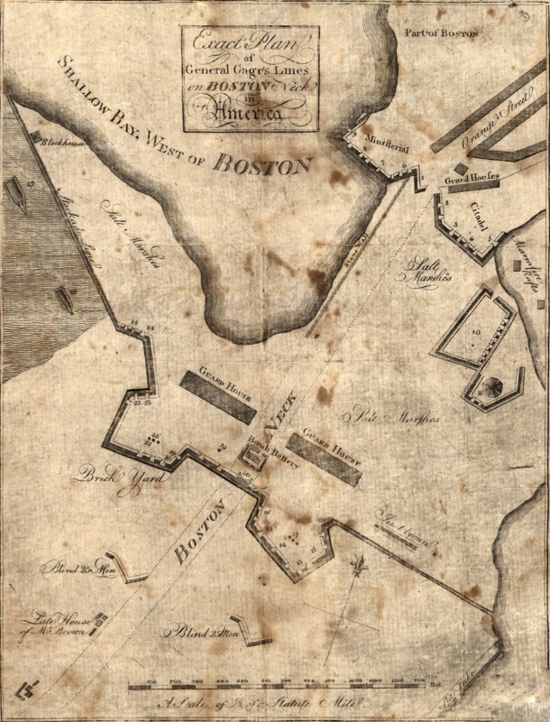 Vintage Maps / Antique Maps - Exact plan of General Gage's lines on Boston Neck in America ca. 1775?