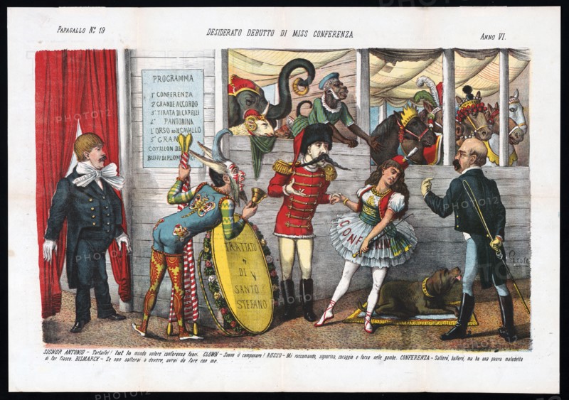 Desiderato debutto di miss conferenza ca. 1878 - Grossi - Italian political cartoon satire