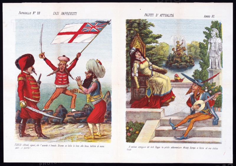 Casi imprevisti Palpiti d' attualità (Italian political cartoon by Grossi) ca. 1878