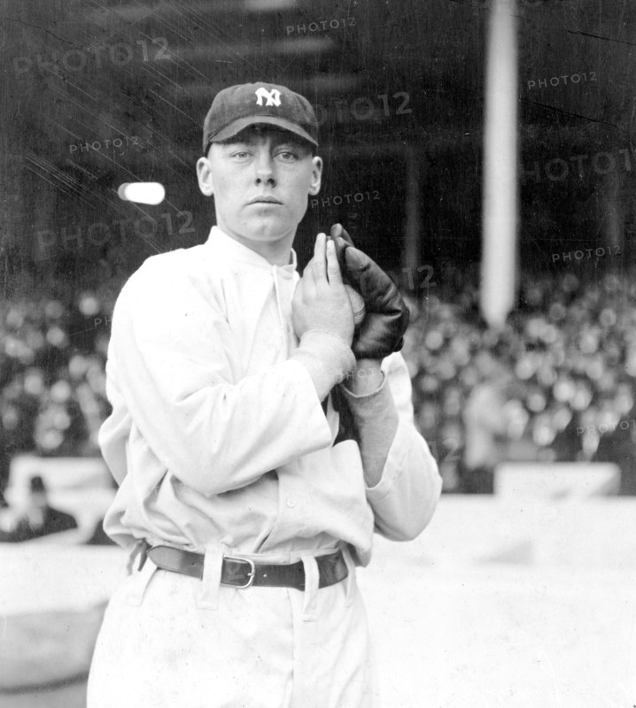 Ray Keating, New York Yankees pitcher, facing front, standing, holding a ball in his glove 4 18 1913
