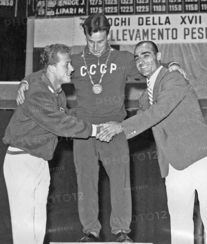 1960 Olympics - Weighlifters Isaac Berger, Yevgeny Minayev, Sebastiano Mannironi