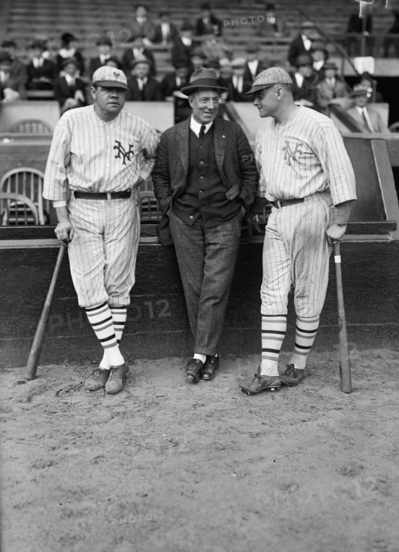Babe Ruth & Jack Bentley in Giants uniforms for exhibition game; Jack Dunn in middle ca. October 1923