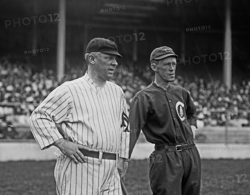 John McGraw, New York NL, (left) & Johnny Evers, Chicago NL, (right) at Polo Grounds, NY ca. 1912