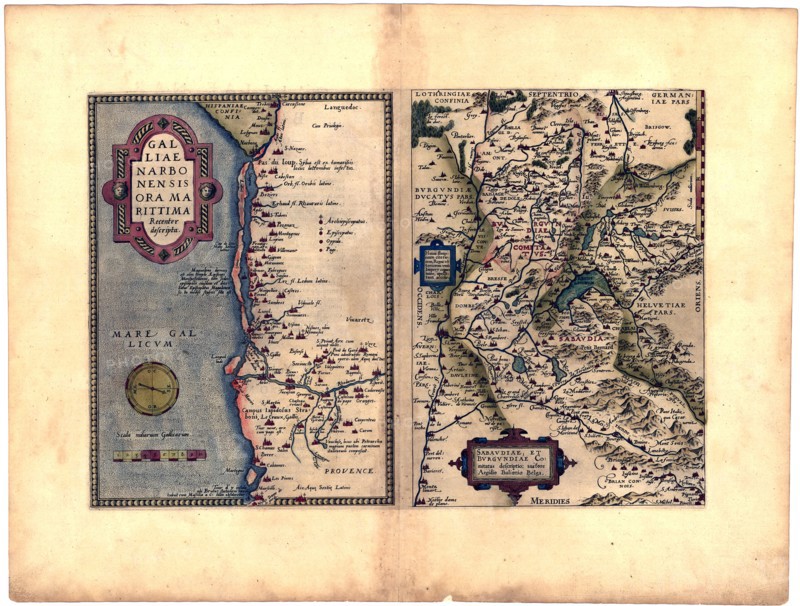 Abraham Ortelius - First World Atlas ca. 1570 - Galliae nar Bonensis ora Maritima. Bvrgvndiae comitatvs