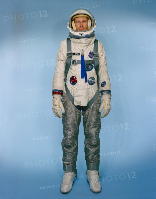 (May 1966) Test subject Fred Spross, Crew Systems Division, wears the Gemini-9 configured extravehicular spacesuit assembly.