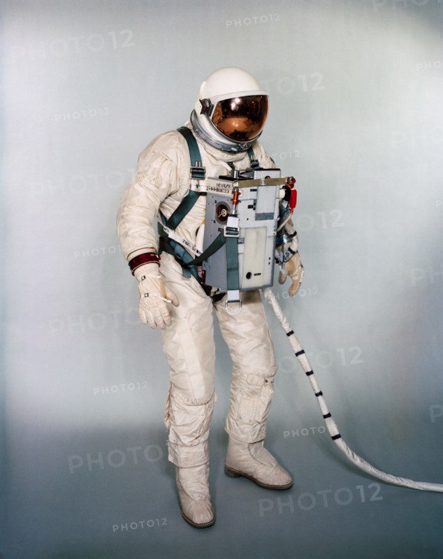 (1966) Suited test subject equipped with Gemini-12 Life Support System and waist tethers for extravehicular activity (EVA).