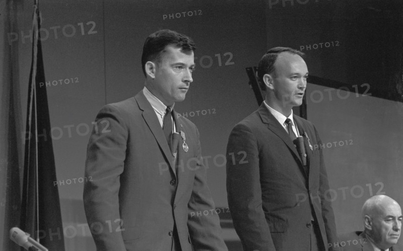 (1 Aug. 1966) Astronaut John W. Young (left), command pilot, and Michael Collins, pilot, the prime crew of the Gemini-10 spaceflight.