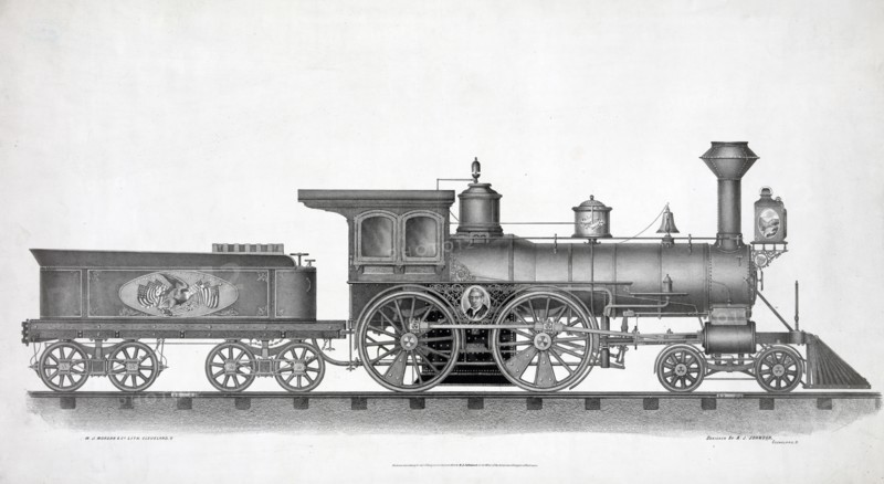 Railroad engine lithograph ca. 1874