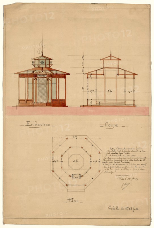 Architectural drawing showing elevation, cross section, and plan for a hirondellier militair, a military aviary for swallows used as messenger birds ca 1889