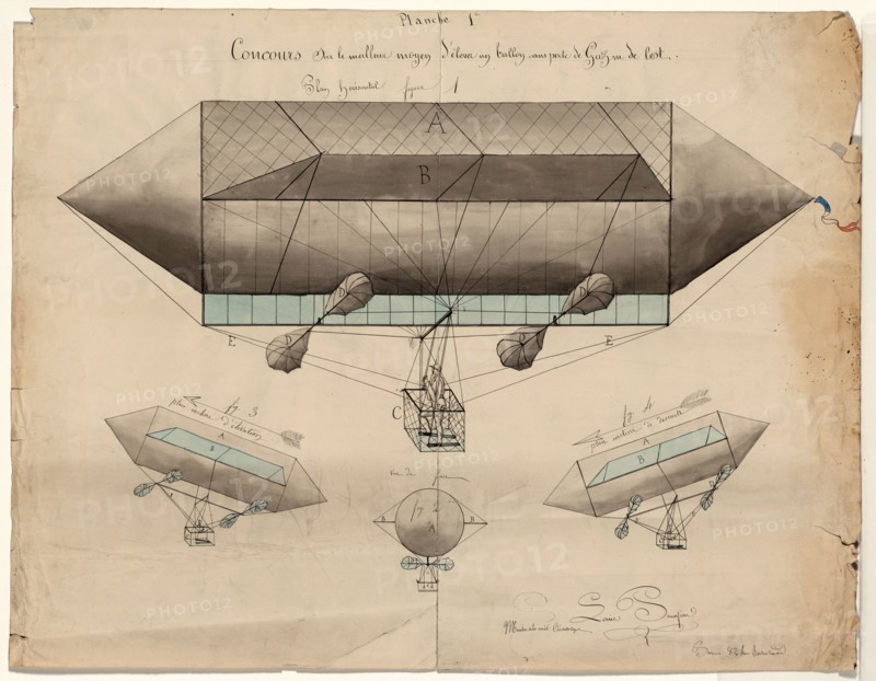 Concours sur le meilleur moyen d'élever un ballon sans perte de gaz de lest - Design drawing shows proposal by Louis Panafieu ca 1830-1860