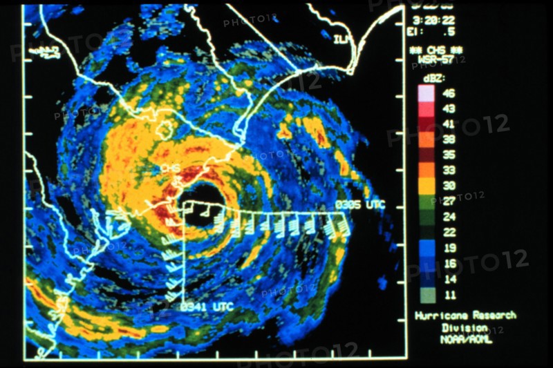 Digitized Charleston WSR-57 radar image of Hurricane Hugo with superimposed winds ca. 1989