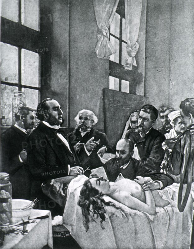 Dr. Pe´an and his surgery class before the operation ca. 1889