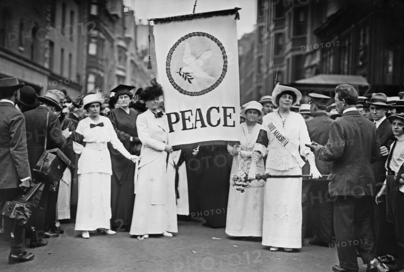 Participants in a women's peace parade down Fifth Avenue in New York City on August 29, 1914, Chief marshal Portia Willis Fitzgerald is on the right