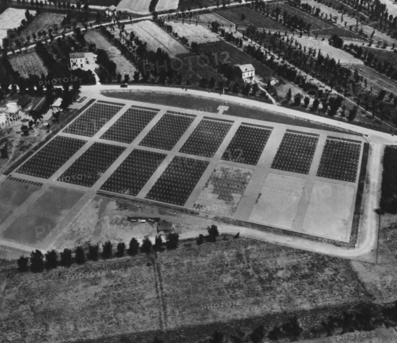 Aerial view of Mirandola Italy War Cemetery ca. 1946