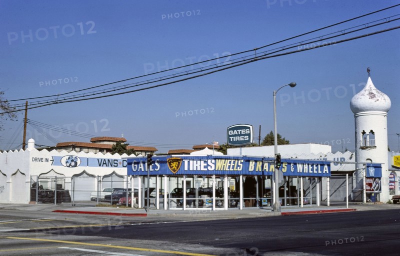 1970s United States -  Gates Tires, Washington Place and Grandview, Mar Vista, Los Angeles, California 1977