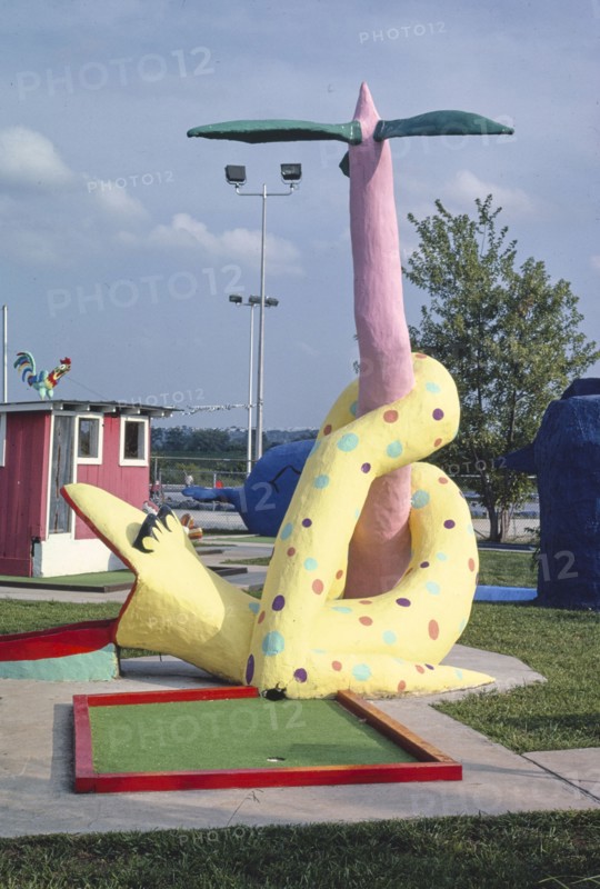 1980s America -  Sir Goony mini golf, serpeant, vertical, gray sky, Chattanooga, Tennessee 1986