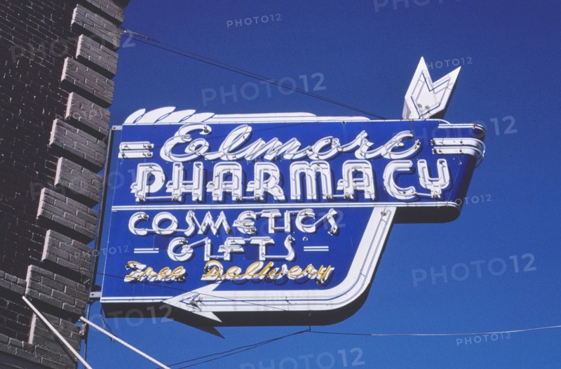 1980s United States -  Elmore Pharmacy sign, Walnut Street, Red Bluff, California 1987