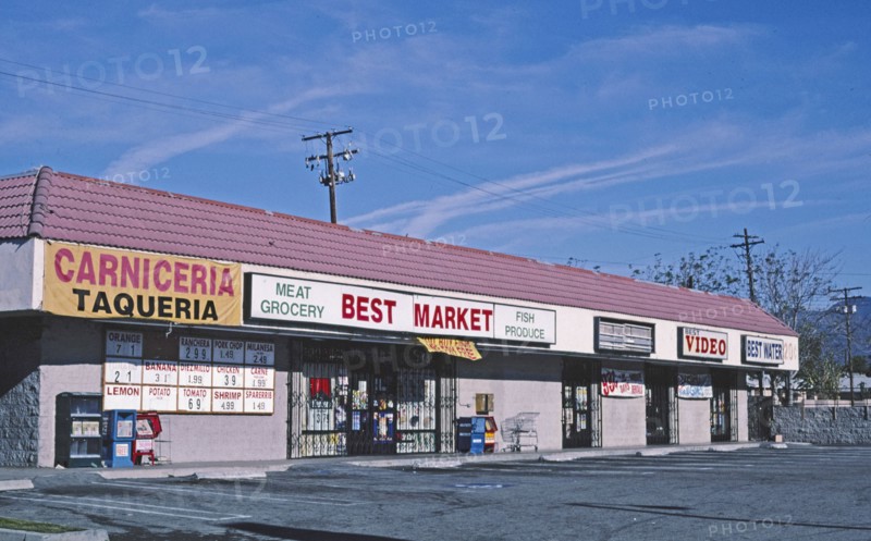 2000s America -  Strip mall in poor neighborhood (Carniceria Taqueria), San Bernardino, California 2003