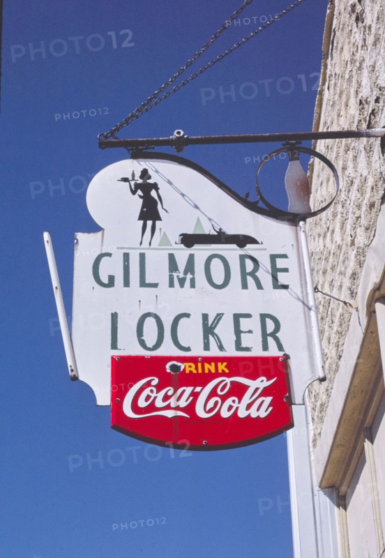 1980s United States -  Gilmore Locker Coke sign, Main Street, Gilmore City, Iowa 1987