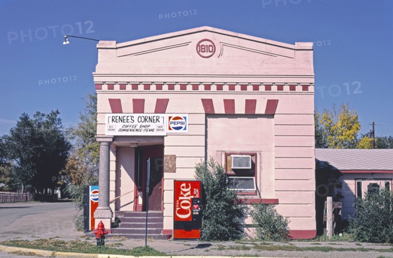 1980s United States -  Renee's Corner Cafe (bank), facade, Route 52 and Main Street, Sawyer, North Dakota 1987