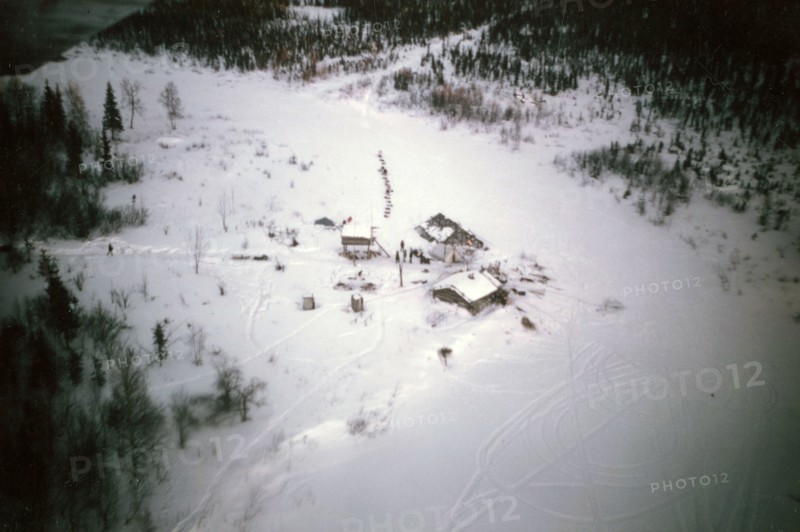 Aerial view of Salmon River roadhouse ca. March 1974