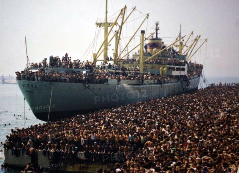 The ship Vlora docked to a quay in the port of Bari, full of Albanian immigrants 8 August 1991