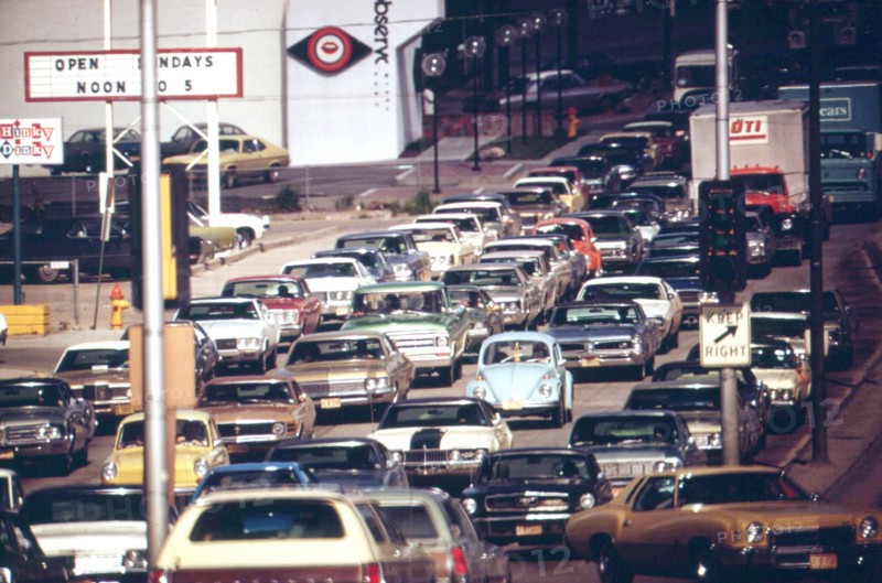 Traffic jam on Dodge Street, one of the city's main thoroughfares, May 1973 Omaha, NE
