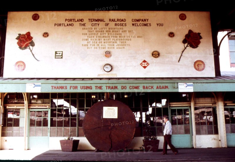 Union Station sign at the Portland, Oregon, terminal welcomes travelers to the City of Roses, July 1974