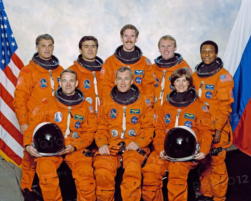 These seven astronauts and one cosmonaut (astronaut group photo) represent the flight crew for the STS-89 mission to Russia's Mir Space Station ca. 1997
