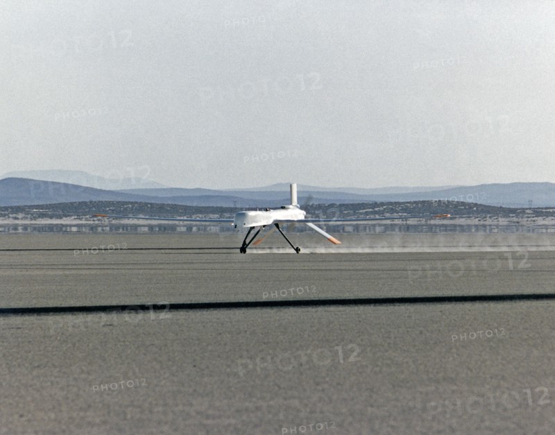 Altus I aircraft landing on Edwards lakebed runway 23 ca. 1997