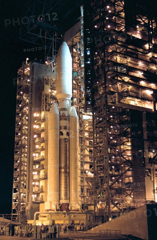 At Launch Complex 40 on Cape Canaveral Air Station, the Mobile Service Tower is rolled away from the Titan IVB/Centaur carrying the Cassini spacecraft ca. 1997