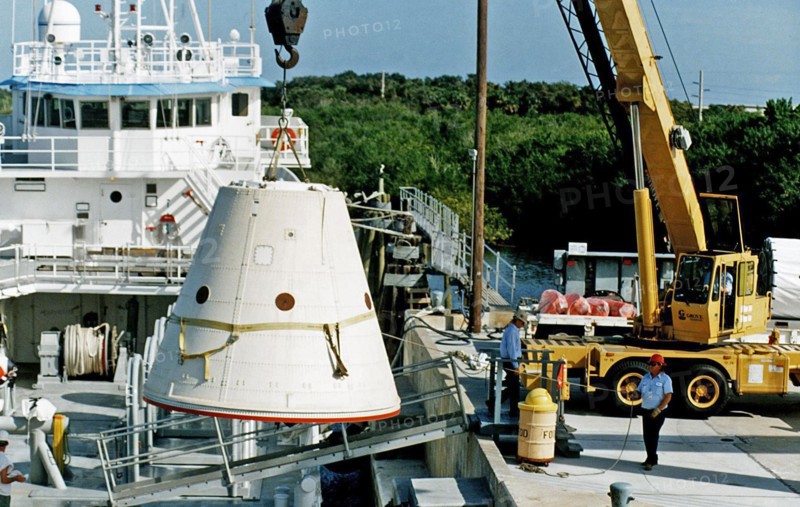 The frustum of a forward skirt assembly of a spent solid rocket booster (SRB) from the STS-87 launch on Nov. 19 is transported into the Hangar AF area at Cape Canaveral Air Station ca. 1997