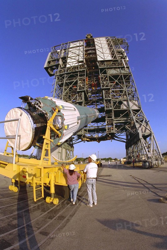 The first stage of the Delta II rocket which will to be used to launch the Advanced Composition Explorer (ACE) spacecraft is erected at Launch Complex 17A at Cape Canaveral Air Station ca. 1997
