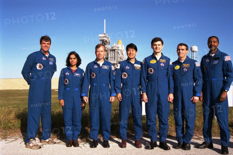 Crew of the STS-87 mission poses at the pad during a break in the Terminal Countdown Demonstration Test (TCDT) at KSC ca. 1997