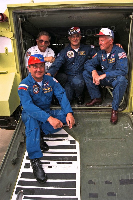 STS-86 crew members get a ride in, and learn to operate, an M-113 armored personnel carrier as part of training exercises during the Terminal Countdown Demonstration Test (TCDT)