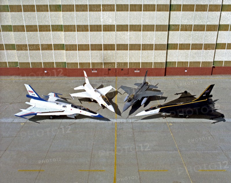 DFRC F-16 fleet 1997 - F-16XL Ship #2, F-16A, AFTI F-16, and F-16XL Ship #1