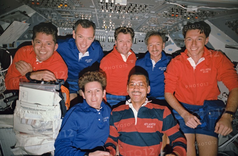 STS-45 crew poses for onboard (in-space) portrait on OV-104's flight deck