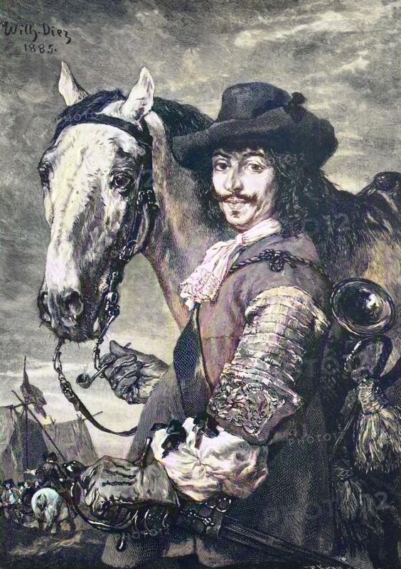 Trompeter aus der Zeit des dreißigjährigen Krieges mit seinem Pferd