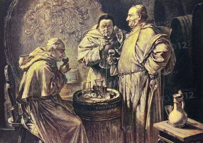 Mönche bei der Weinprobe im Weinkeller