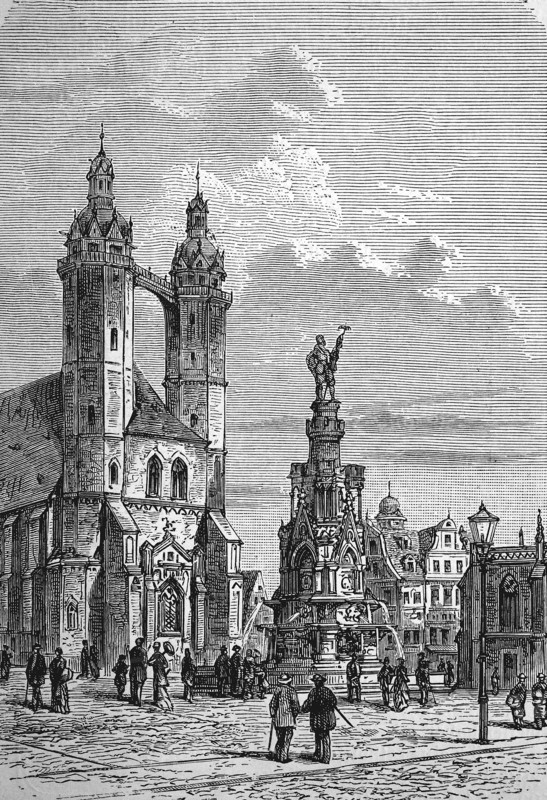 The war memorial and St. Mary's Church in Halle