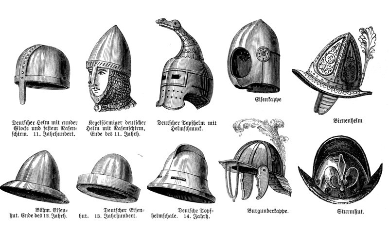 Helmets from different times from 11th century to 18th century